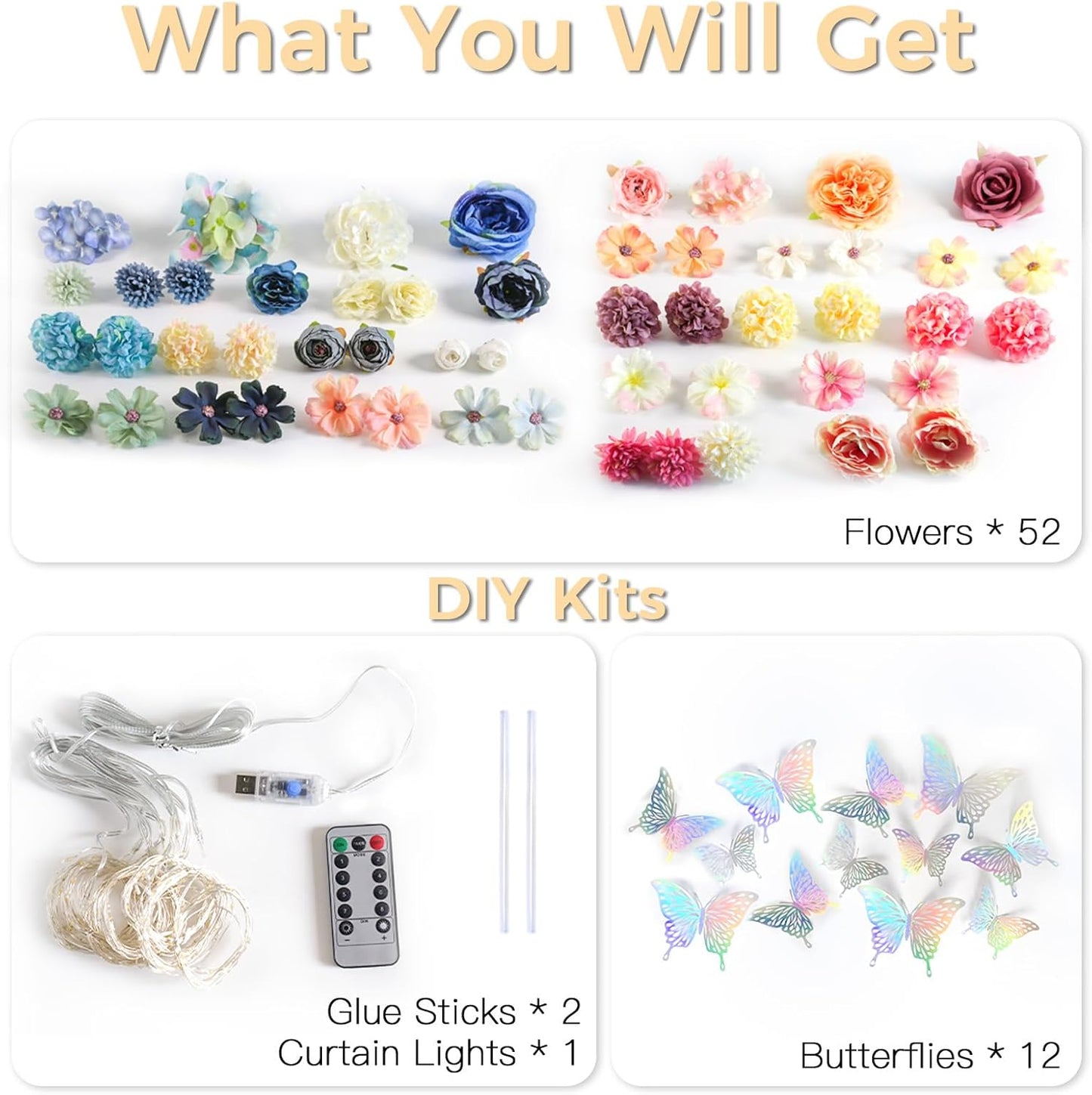 Suddus DIY Curtain Lights Kit - 200 LED Fairy String Lights with 3D Butterflies & Silk Flowers | Remote Control, 8 Modes, USB Powered, 6.5x6.5ft Warm White