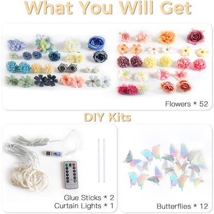 Suddus DIY Curtain Lights Kit - 200 LED Fairy String Lights with 3D Butterflies & Silk Flowers | Remote Control, 8 Modes, USB Powered, 6.5x6.5ft Warm White