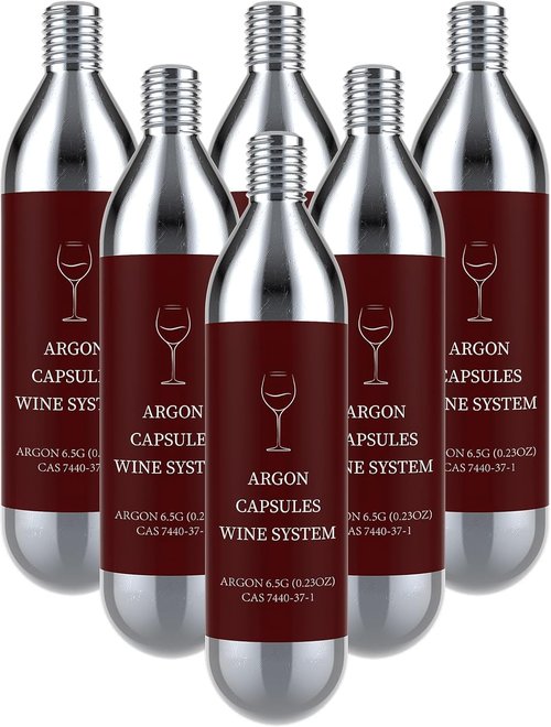 6 Pack Argon Gas Capsules Compatible with Wine Preservation Systems,Plastic, Cyclindrical Bottle Stopper for Wine Preservation,Silver