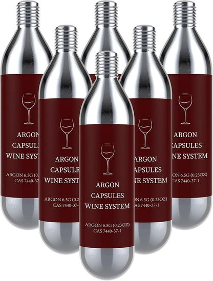 6 Pack Argon Gas Capsules Compatible with Wine Preservation Systems,Plastic, Cyclindrical Bottle Stopper for Wine Preservation,Silver