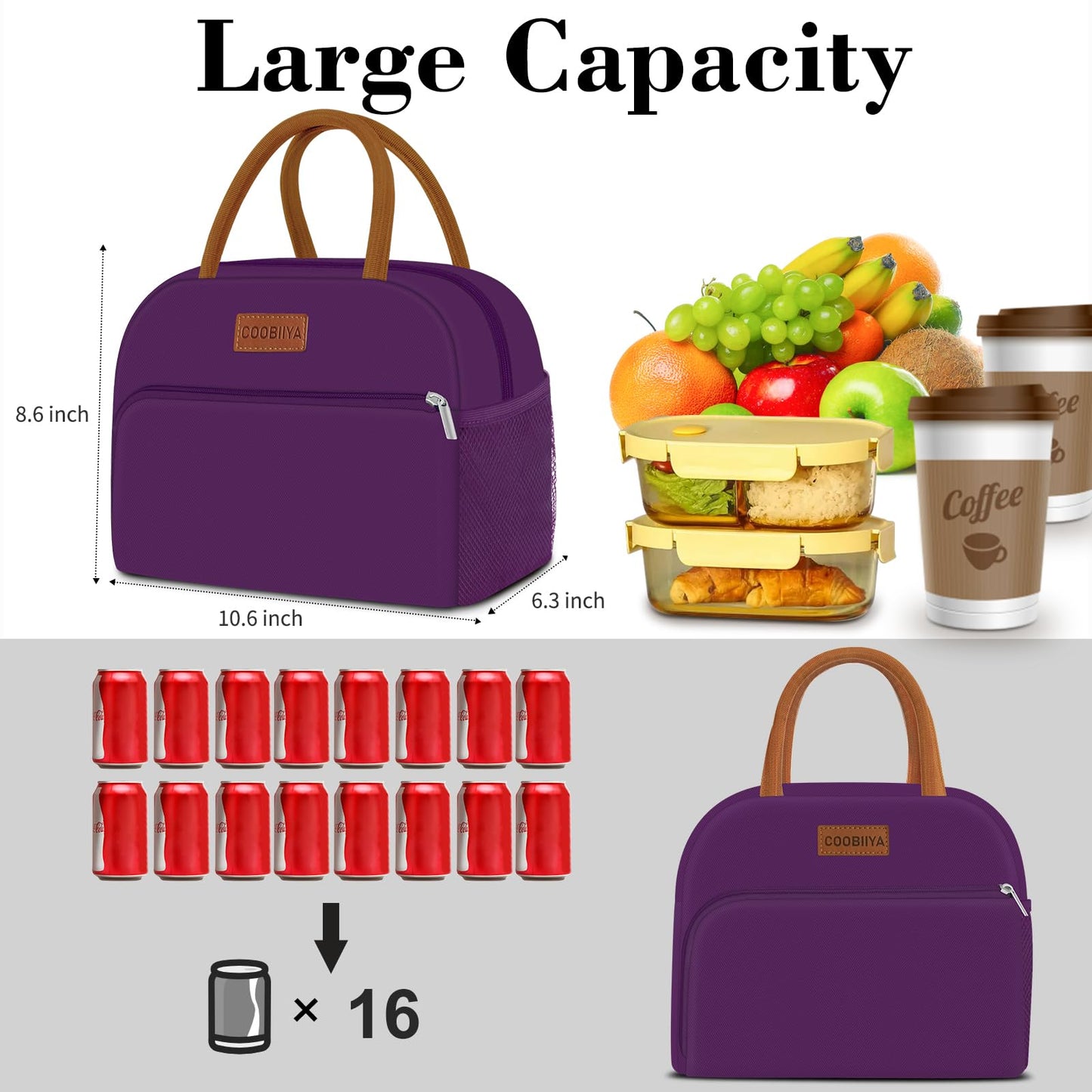 Coobiiya Lunch Bag Women, Lunch Box Lunch Bag for Women Adult Men, Small Leakproof Cute Lunch Tote Large Capacity Reusable Insulated Cooler Lunch Container for Work/Office/Picnic/Travel-Purple