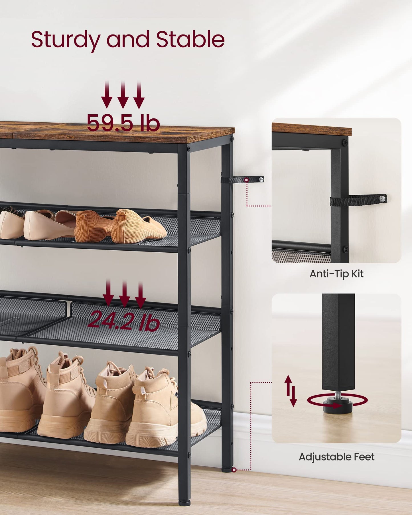 VASAGLE Shoe Rack for Entryway, 4-Tier Shoe Rack Organizer with Storage Shelves and Spacious Top, Freestanding, Adjustable, Industrial, Rustic Brown and Ink Black ULBS040B01