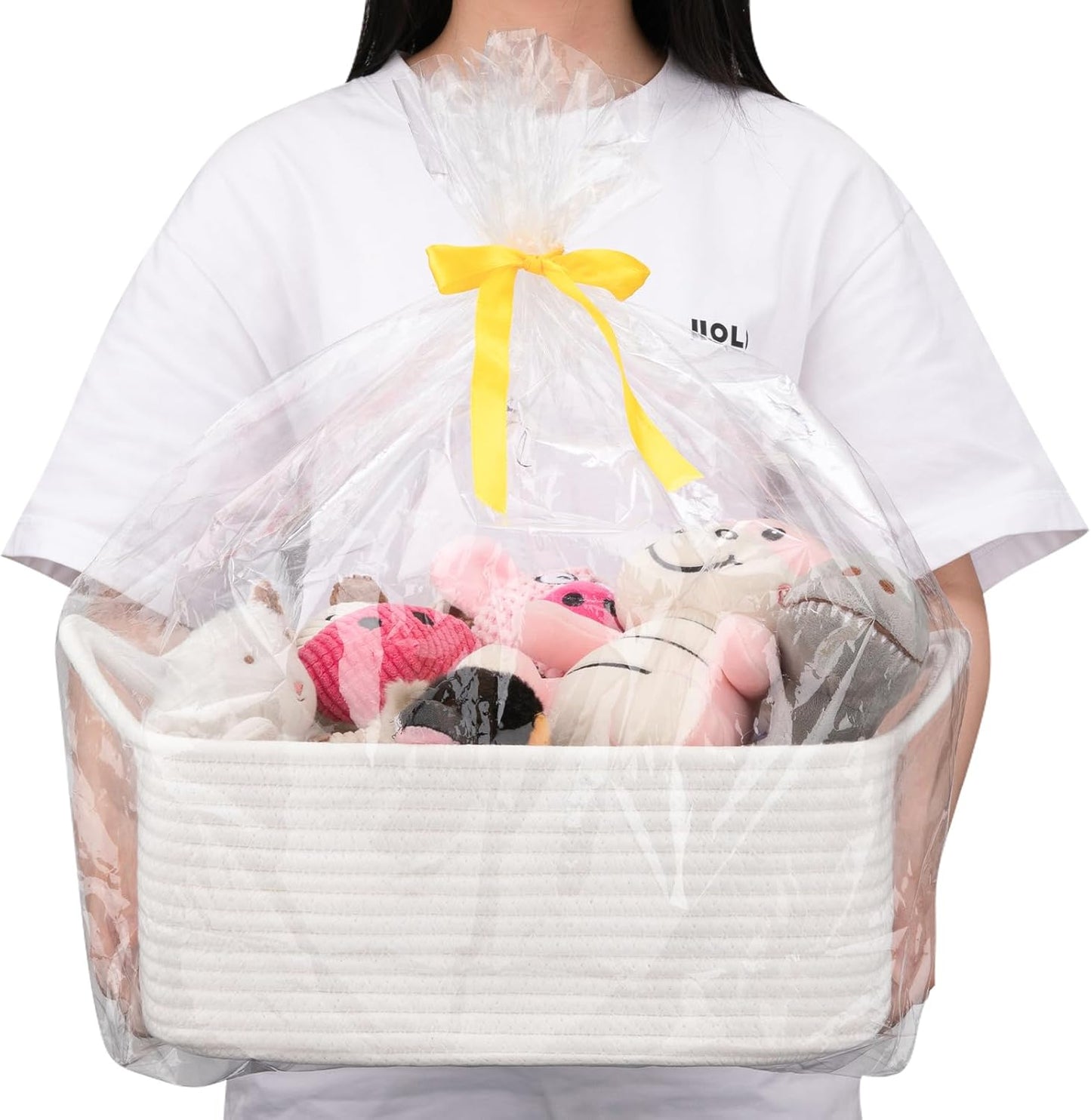 OIAHOMY Woven Basket - Versatile Storage Solution with Gift Bags & Ribbons | White Nursery Organizer