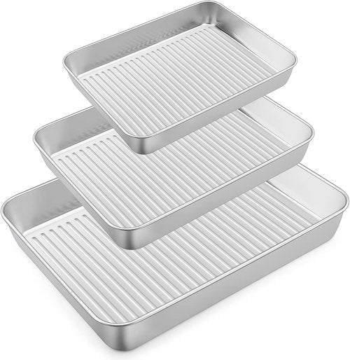 E-far Stainless Steel Baking Pans Set of 3 | Non-Toxic, Dishwasher Safe - 12.5/10.5/9.4 Inch Rectangular Trays for Lasagna, Brownies & Cookies
