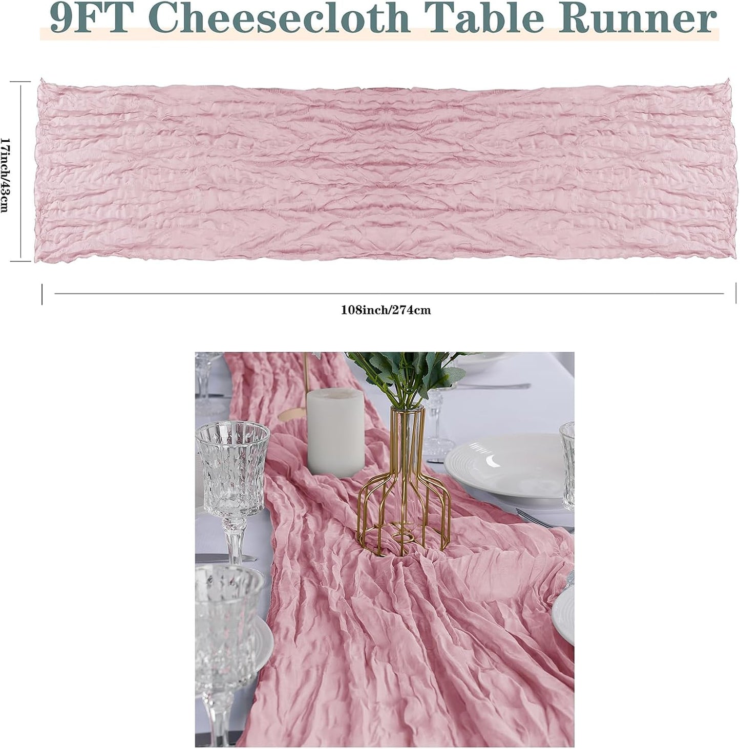 Skiennix Cheesecloth Table Runner - Rustic 9ft Gauze Design for Weddings & Events | Pink 17 x 108 Inch