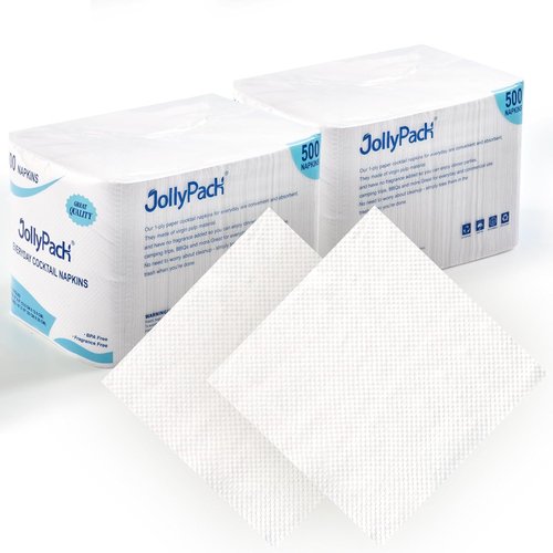 JollyPack 1000 Count White Beverage Napkins - 1-Ply Cocktail & Lunch Paper Napkins | 4.9 x 4.9 Folded, 9.8 x 9.8 Unfolded