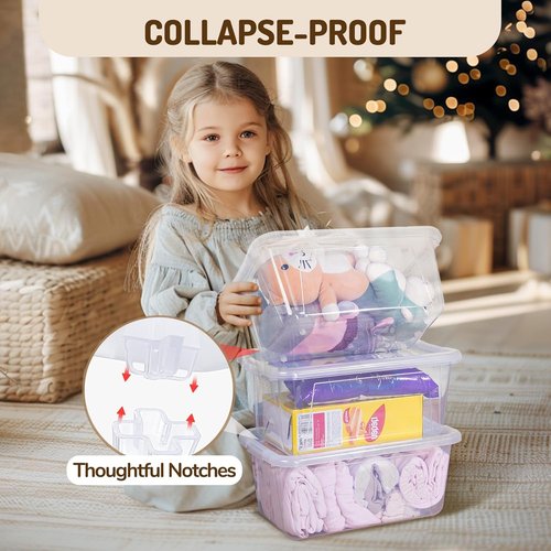 GAMENOTE 6 Quart Storage Bins - Clear Stackable Plastic Boxes with Lids for Toys & Crafts | 6 Pack