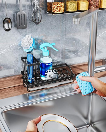Consumest Sponge Holder - Kitchen Sink Caddy Organizer with Removable Drip Tray | 304 Stainless Steel - Black