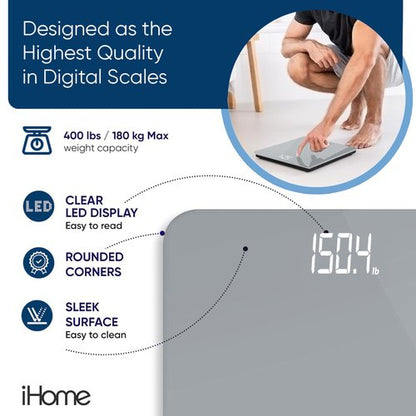 iHome Digital Scale, Bathroom Scale, Batteries Included, Scale Body Weight, Weight Scale, Digital Scale, Bathroom Scales for Weight, Digital Scales for Body Weight (Grey)