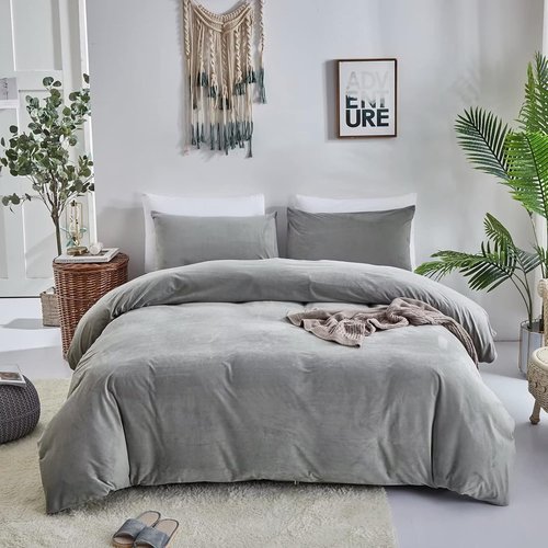 Houseri Grey Velvet Comforter Sets Full Fluffy Light Gray Bedding Sets Warm Winter Plain Grey Puffy Sherpa Bed Comforters Solid Gray Flannel Bedding Soft Teen Boys Girls Fuzzy Furry Quilt Blanket Full
