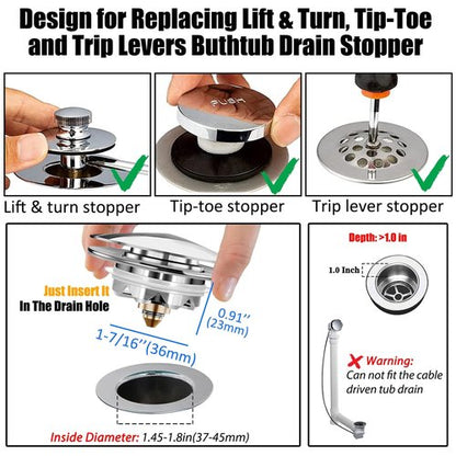 Anlige Bathtub Drain Stopper, Pop Up Tub Stopper and Cover, Bottom with Hair Catcher, Universal for 1.45 to 1.8 in Drain, Replaces Old Drain Plug, Chrome Silver