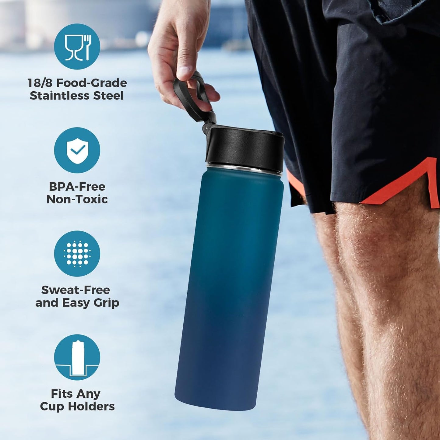 Neihepal Insulated Water Bottle - 22 Oz Double Walled Stainless Steel with Straw Lid | Leak Proof, Dark Night