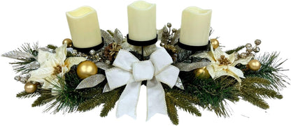 Svndlyn Christmas Candle Holders - Elegant 3-Piece Centerpiece with Poinsettia Flowers & Glitter Pine Branches