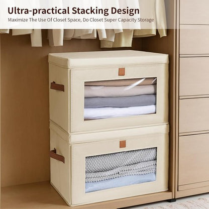 Homsorout Large Closet Storage Bins - Collapsible Clothing Organizer with Handles & Lids | 6 Pack Beige