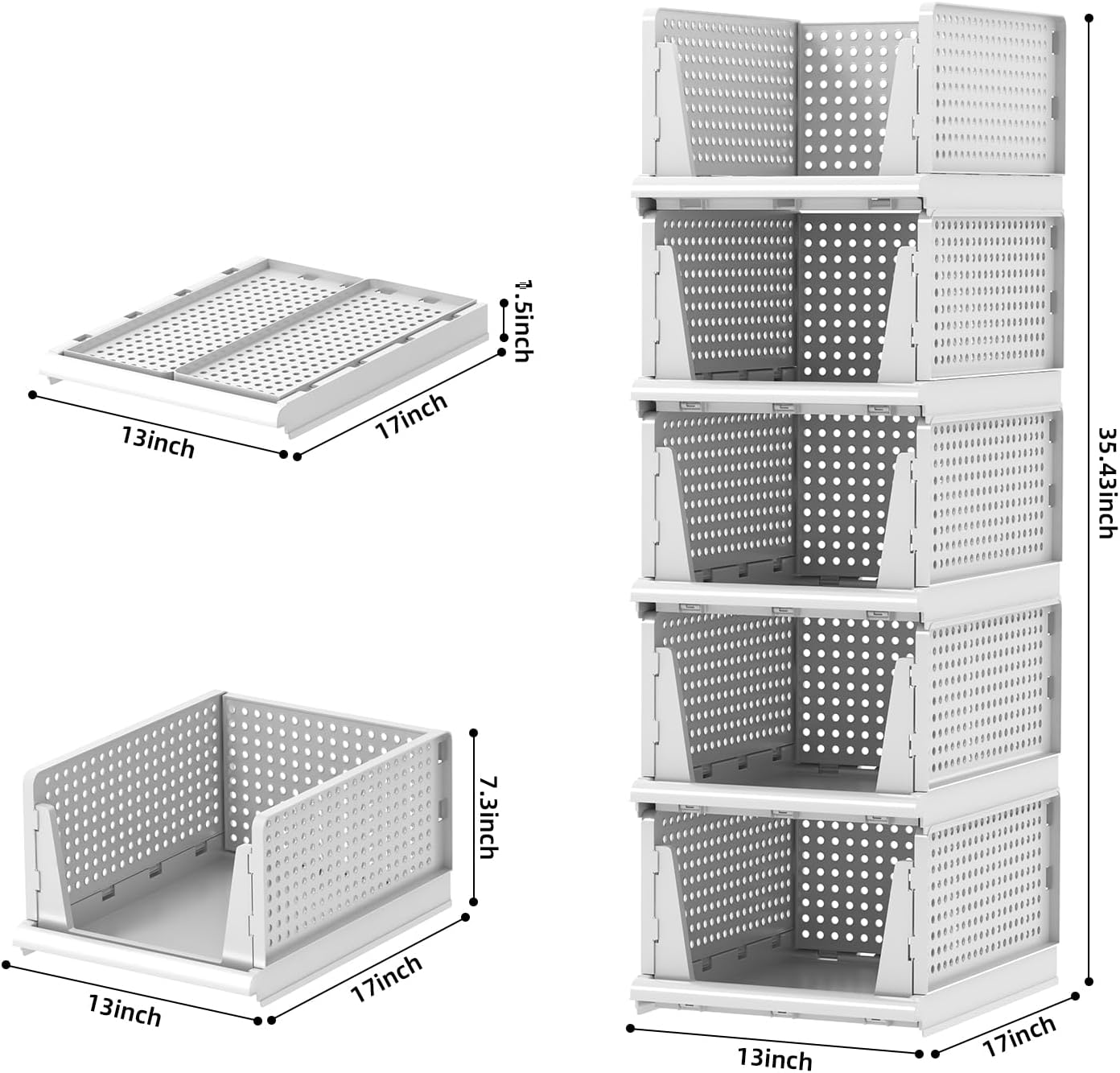 Stackable Plastic Storage Baskets by [Brand Name] - Foldable Closet Organizers for Clothes & Pantry | 5L Size