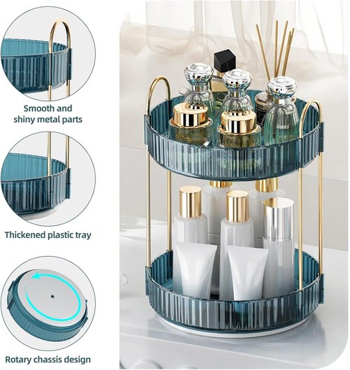 INVSSENE 360° Rotating Makeup Organizer - Large Capacity Vanity Shelf for Cosmetics & Skincare (Blue, 2 Tiers)
