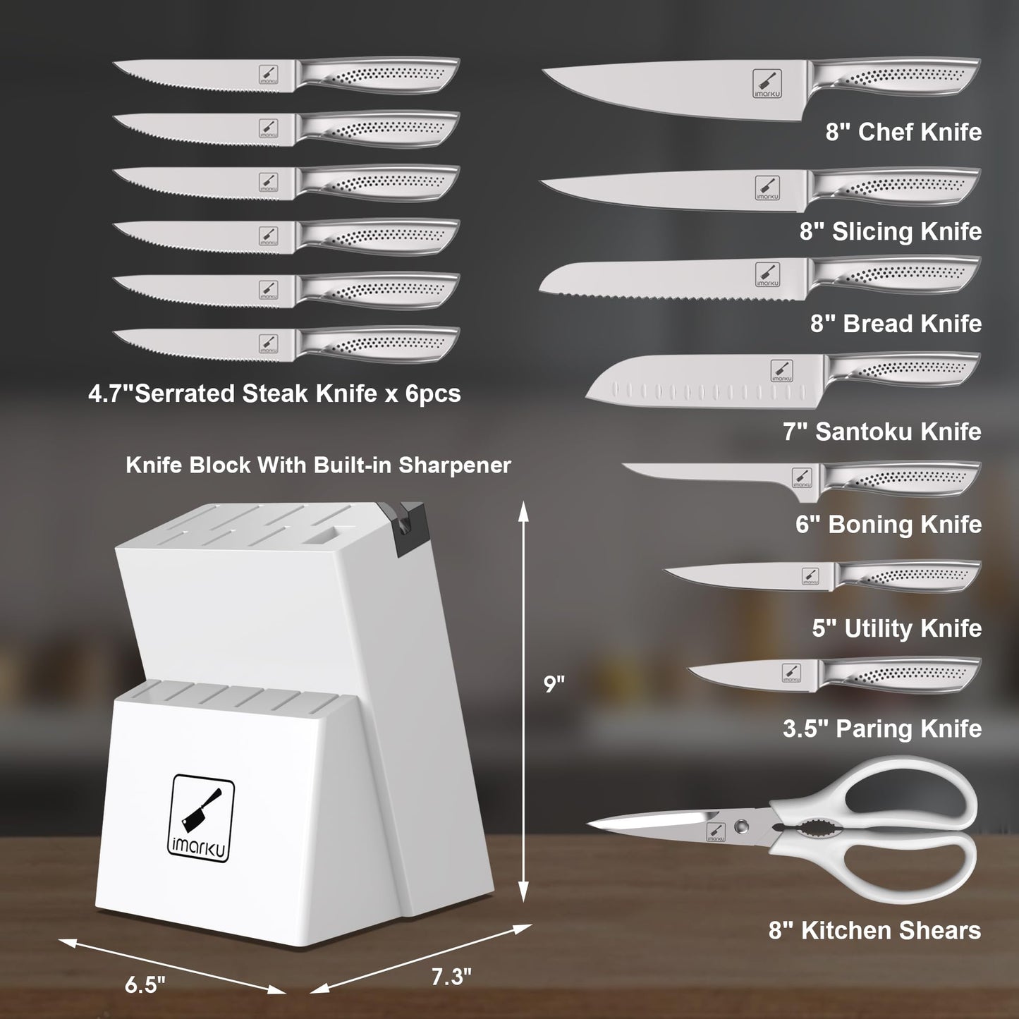 imarku Knife Set, Japanese HC Stainless Steel 15 PCS Kitchen Knife Set With Block With Built-in Sharpener, Razor-Sharp Blade Knife Block Set With Dotted Ergomomic Handle, Birthday Day Gifts, White