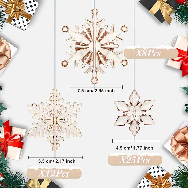 Champagne 45 Pcs Christmas Acrylic Snowflake Ornaments Set - 3 Sizes with Hanging Buckles