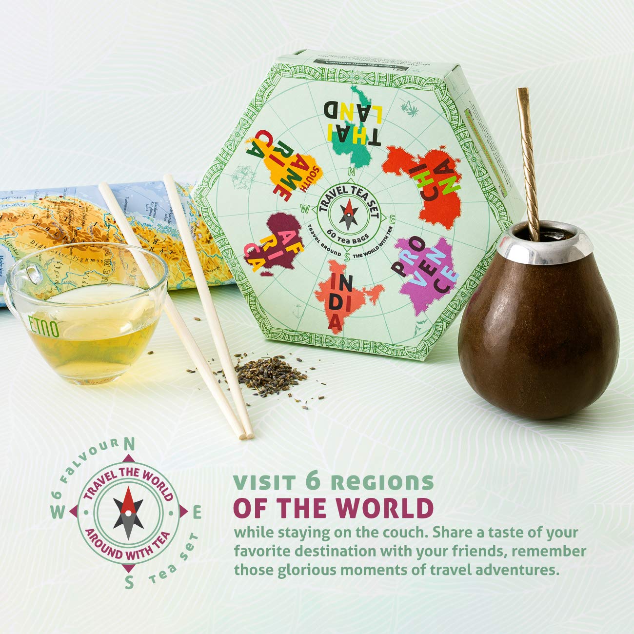 ACORUS Travel Tea Set | Round-The-World Trip of Your Dreams with Selection of Teas You Have Never Tasted Before | Assorted Tea Gift Set | Herbal and Fruit Variety Pack | 60 Tea Bags