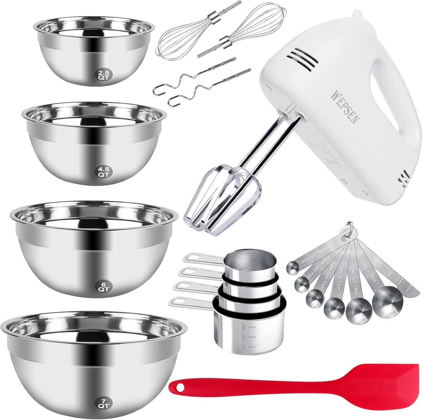 Skiennix 5-Speed Electric Hand Mixer - Includes 4 Large Mixing Bowls & Whisks for Baking