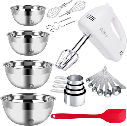 Skiennix 5-Speed Electric Hand Mixer - Includes 4 Large Mixing Bowls & Whisks for Baking