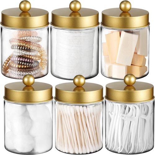 Amolliar Qtip Holder Dispenser - 8 Oz Plastic Apothecary Jar for Makeup & Bathroom Storage - Gold