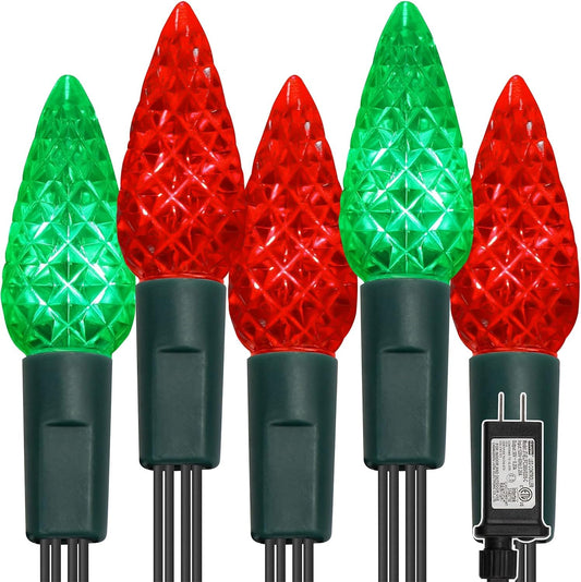 WATERGLIDE C6 33ft LED Faceted String Lights - 100 Waterproof Fairy Lights for Indoor/Outdoor Decor | Red & Green