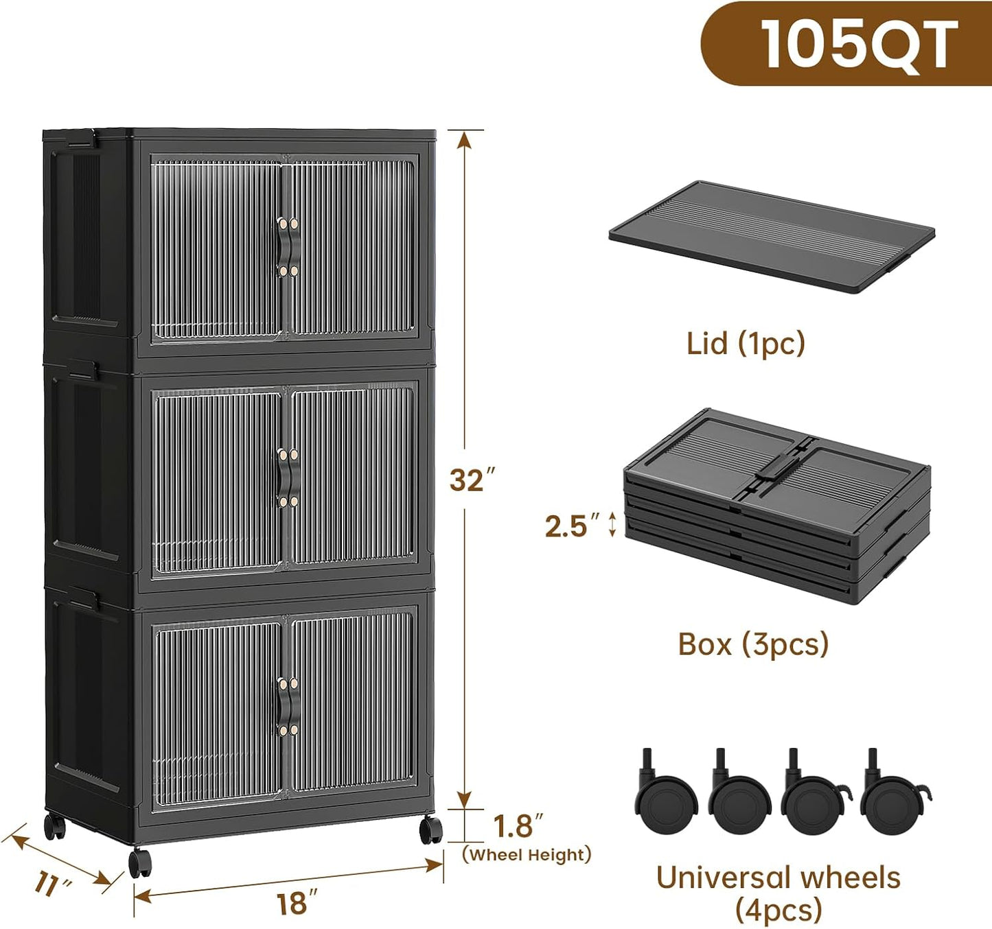 SAILUN Stackable Storage Bins - Folding Collapsible Bins with Lid | Black 26Gal/105Qt, 18"W x 11"D x 32"H