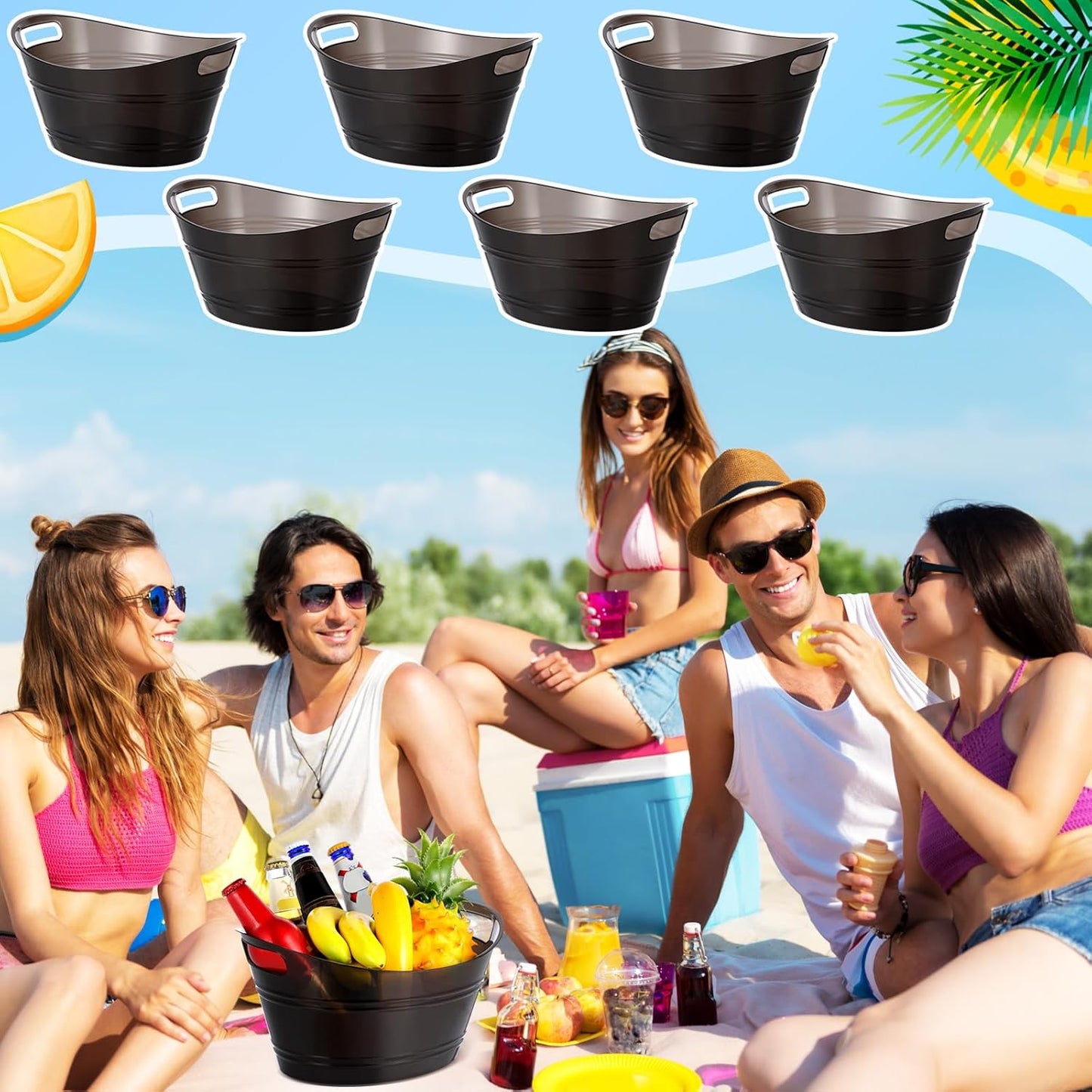 meekoo 6 Pcs Plastic Ice Buckets Bulk with Handles 4.5L Oval Storage Tub Large Capacity Ice Drink Bucket for Party Bar Wine Beer Champagne Beverage Bottle Cooler (4.5 L,Black)