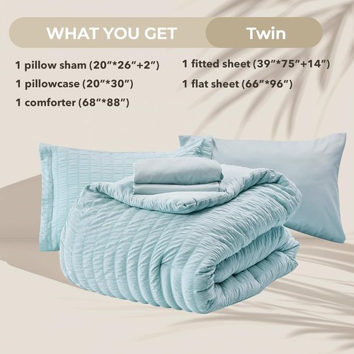 HYMOKEGE Twin Comforter Set - Luxury 5-Piece Bed in a Bag | Seersucker Lake Blue Bedding Set