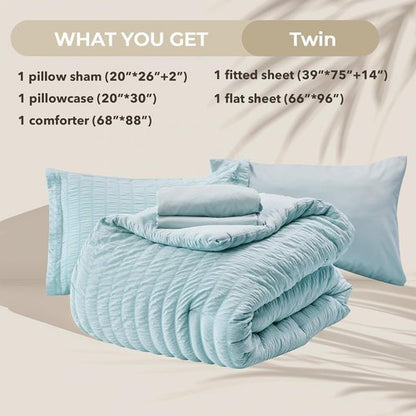 HYMOKEGE Twin Comforter Set - Luxury 5-Piece Bed in a Bag | Seersucker Lake Blue Bedding Set