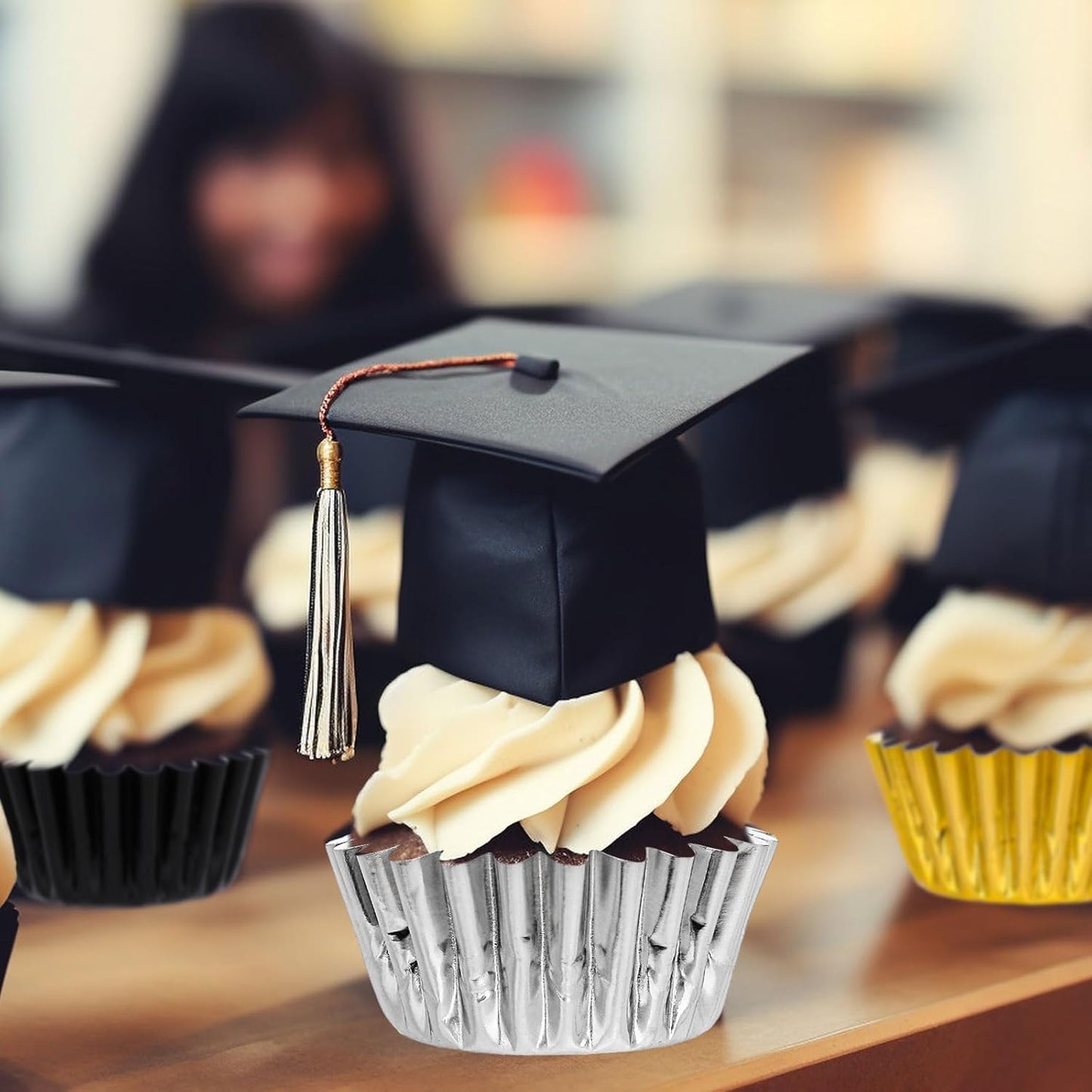 Whaline Graduation Mini Cupcake Liners - 300 Pcs Black Gold Silver Foil Baking Cups for Parties
