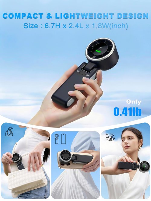 KIMWIND Portable Handheld Turbo Fan, 5 Gear Wind, Battery Operated, Up to 13 Working Hours Rechargeable Fan, 3 IN 1 Hand Fans with Air Turbo Tech Cooling Fan for for Travel, Beach, Outdoor - Black
