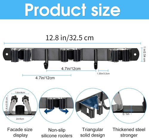 Huryfox Heavy-Duty Stainless Steel Broom Holder - Adjustable Wall Mount for 1-4 cm Diameter, Black | 3 Racks & 2 Hooks