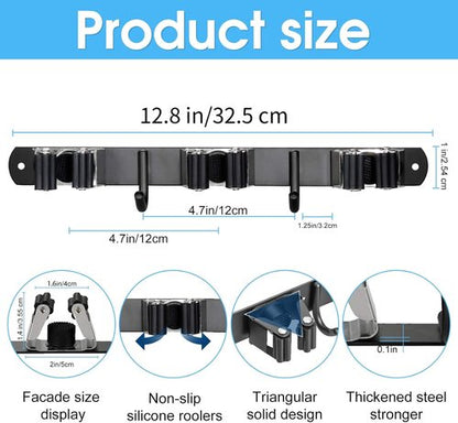 Huryfox Heavy-Duty Stainless Steel Broom Holder - Adjustable Wall Mount for 1-4 cm Diameter, Black | 3 Racks & 2 Hooks