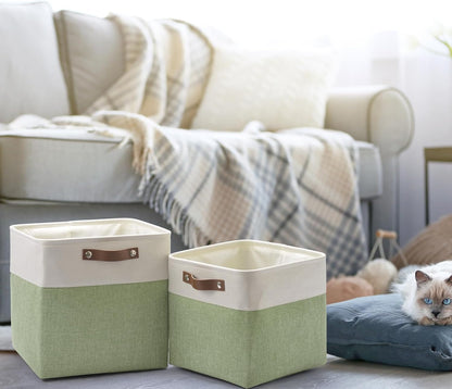 Patvingot Foldable Fabric Storage Cubes - Sturdy 11x11 Inch Organizer Bins with Leather Handles | White/Green 6-Pack