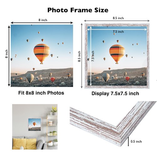 JCJMY 8x8 Picture Frame for Wall Hanging or Tabletop, 8 x 8 Square Wall Gallery Poster Photo Frame with Durable Shatter Resistant Plexiglass,Rustic White