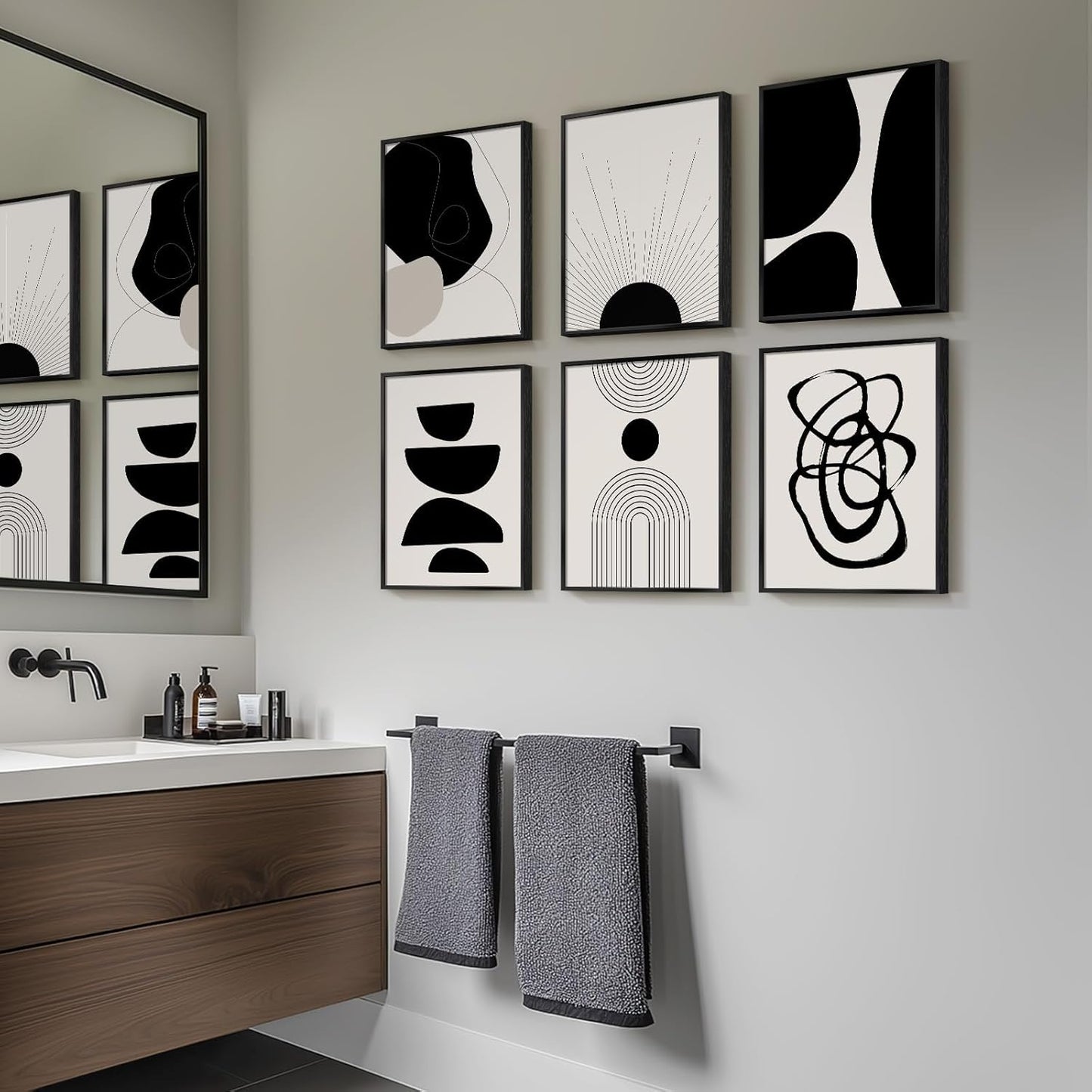 Skiennix Framed Boho Black and White Abstract Wall Art - Set of 6 Modern Canvas Prints | 11x14 Inch Decor