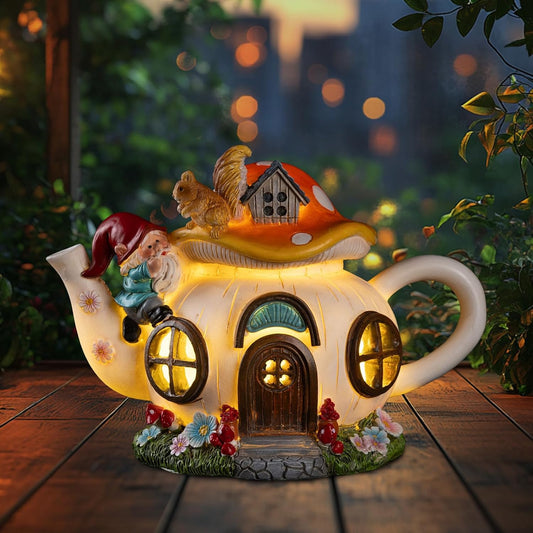 Twinbling Solar Fairy House - Outdoor Garden Statue with Gnome & Squirrel Figurine | Perfect Fairy Garden Accessory for Patio, Lawn & Balcony