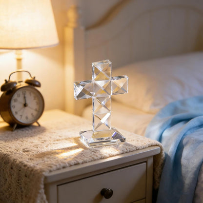 QFkris Crystal Standing Cross - 5'' Tall Clear Glass Tabletop Figurine | Christian Decor Gift