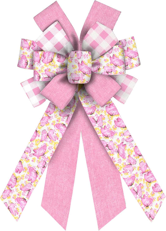ABTOLS Large Spring Wreath Bows - Pink Butterfly & White Buffalo Plaid Decor for Indoor/Outdoor Use