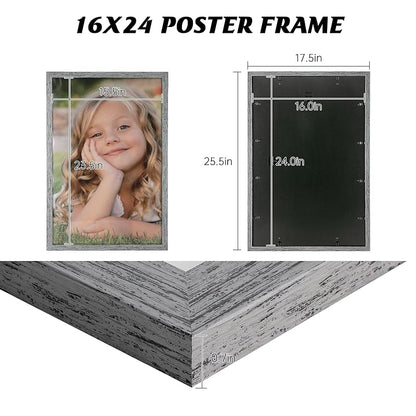 Matte Gray 16x24 Frame Set of 3 - Rustic Woodgrain Poster Frames with Plexiglass