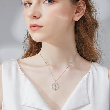 Regine Switzerland 925 Sterling Silver Cross Necklace - Turquoise Crown of Thorns Pendant for Women