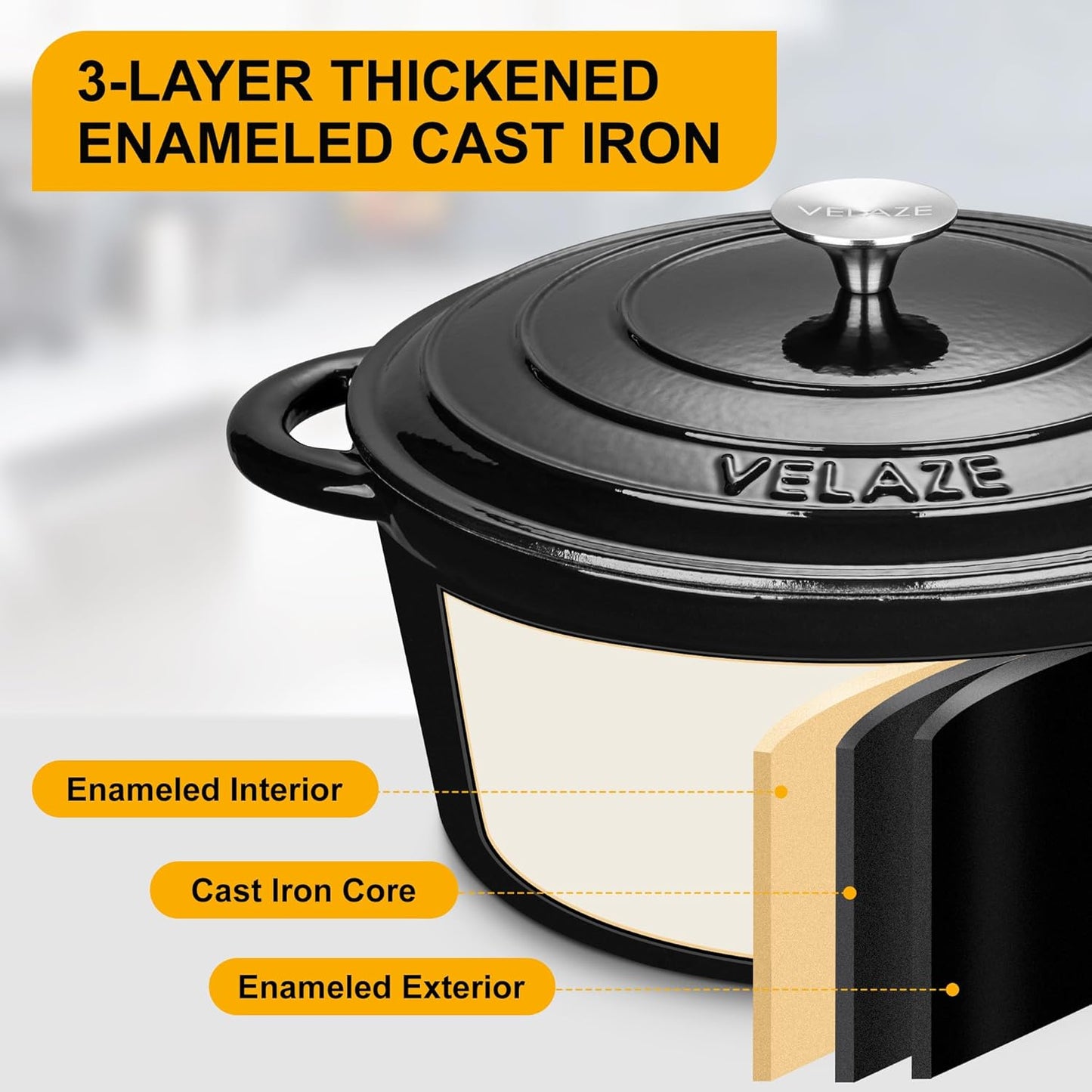 Velaze 7.5 QT Dutch Oven - Enameled Cast Iron Pot with Dual Handles for Sourdough Baking | Black
