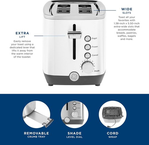 GE 2-Slice Toaster - Extra Wide Slots for Bagels & Breads | 7 Shade Settings, Removable Crumb Tray, 850 Watts, White