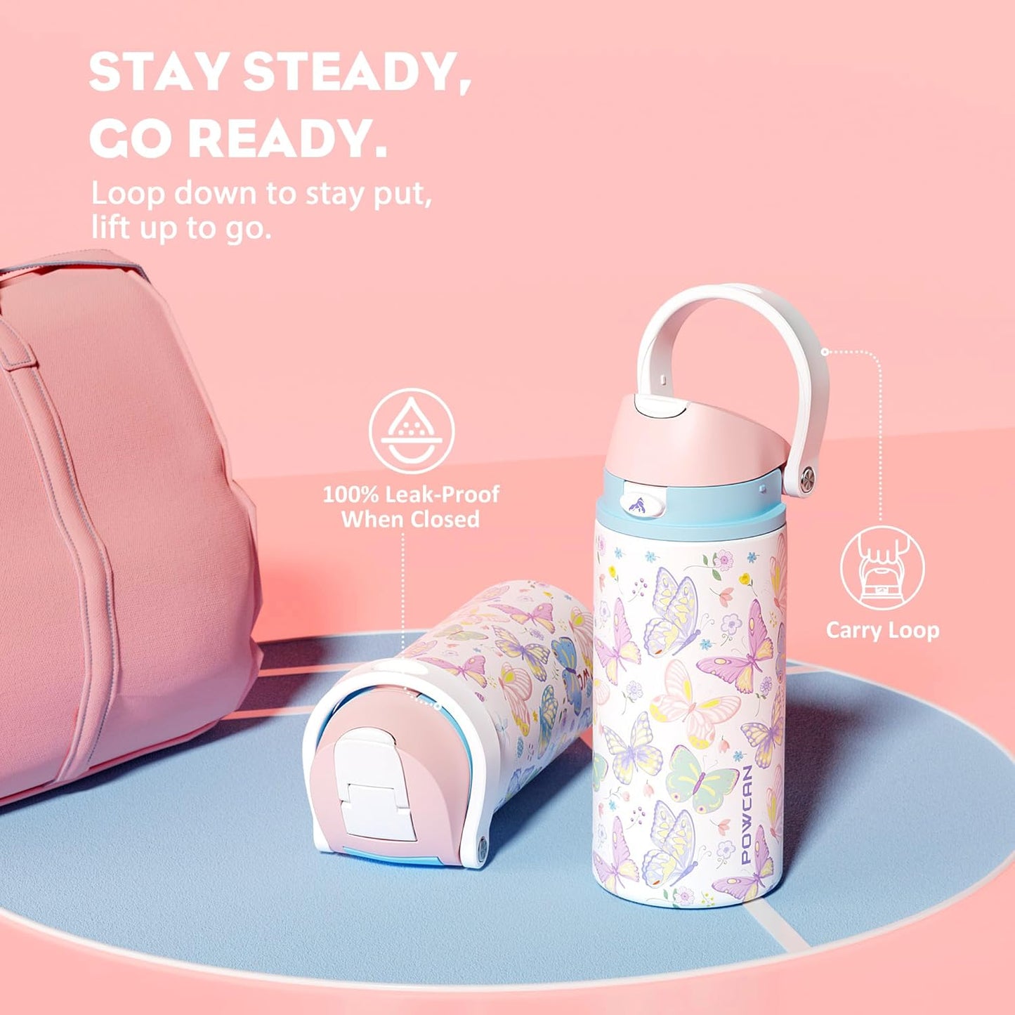 POWCAN 18 oz Insulated Water Bottle - 2-in-1 Push-Button Spout & Quick-Flip Straw Lid | Leakproof, Cold for 24 Hours, Fits Car Cup Holder, Stainless Steel (Butterfly Garden)
