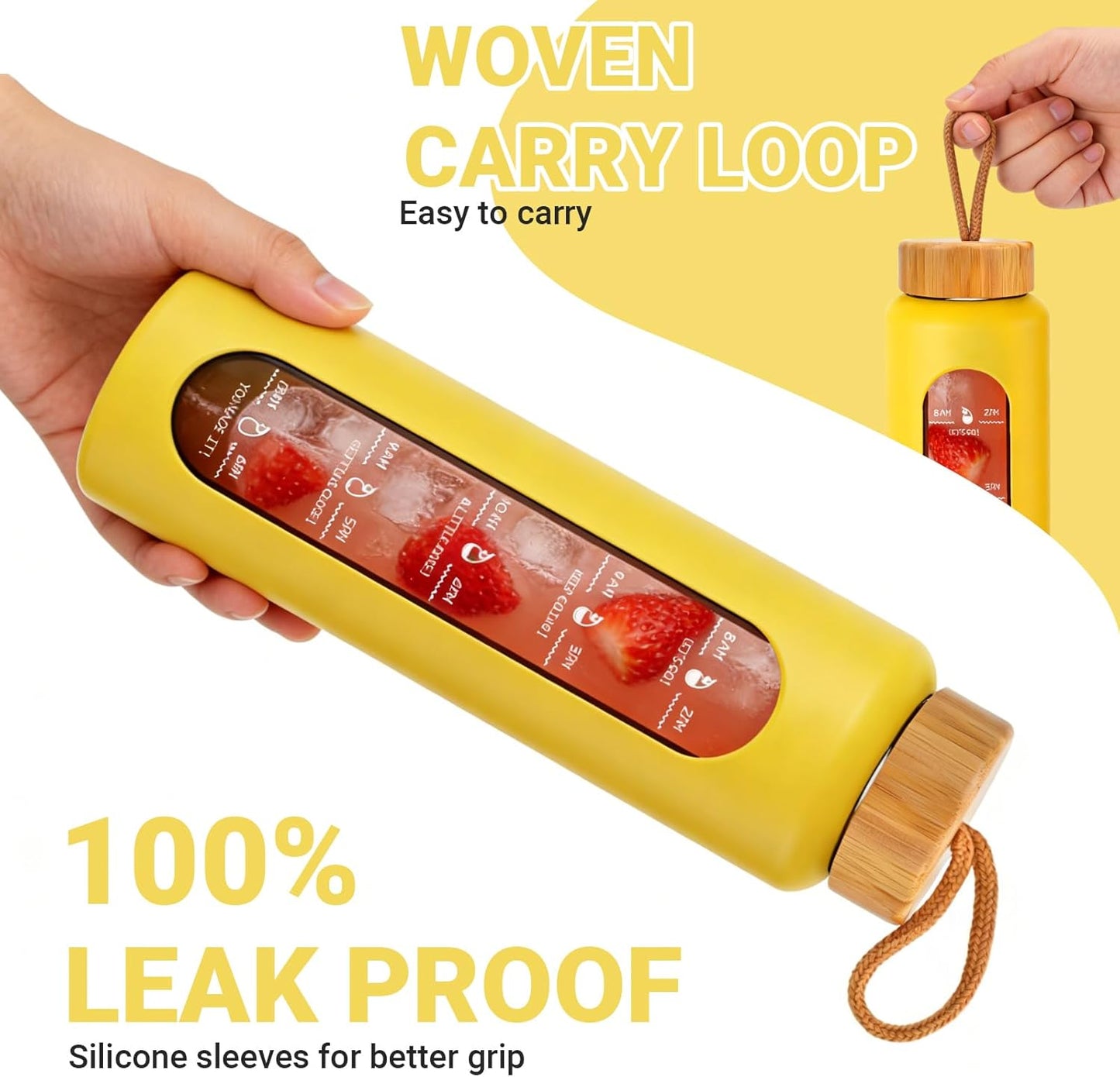 Sursip 32 Oz Glass Water Bottle - BPA-Free, Motivational Time Marker, Leak-Proof Design with Bamboo Lid