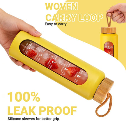 Sursip 32 Oz Glass Water Bottle - BPA-Free, Motivational Time Marker, Leak-Proof Design with Bamboo Lid
