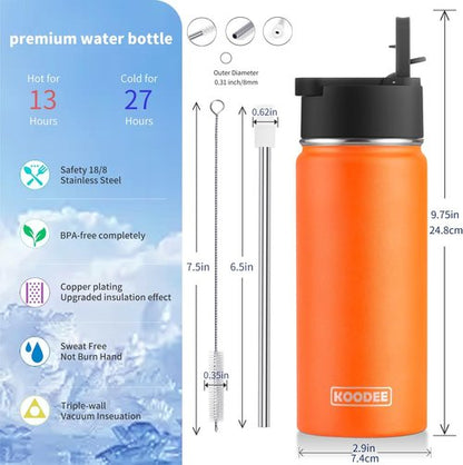 Koodee Water Bottle - 16 oz Stainless Steel Double Wall Insulated Flask | Mango Yellow Sports Bottle