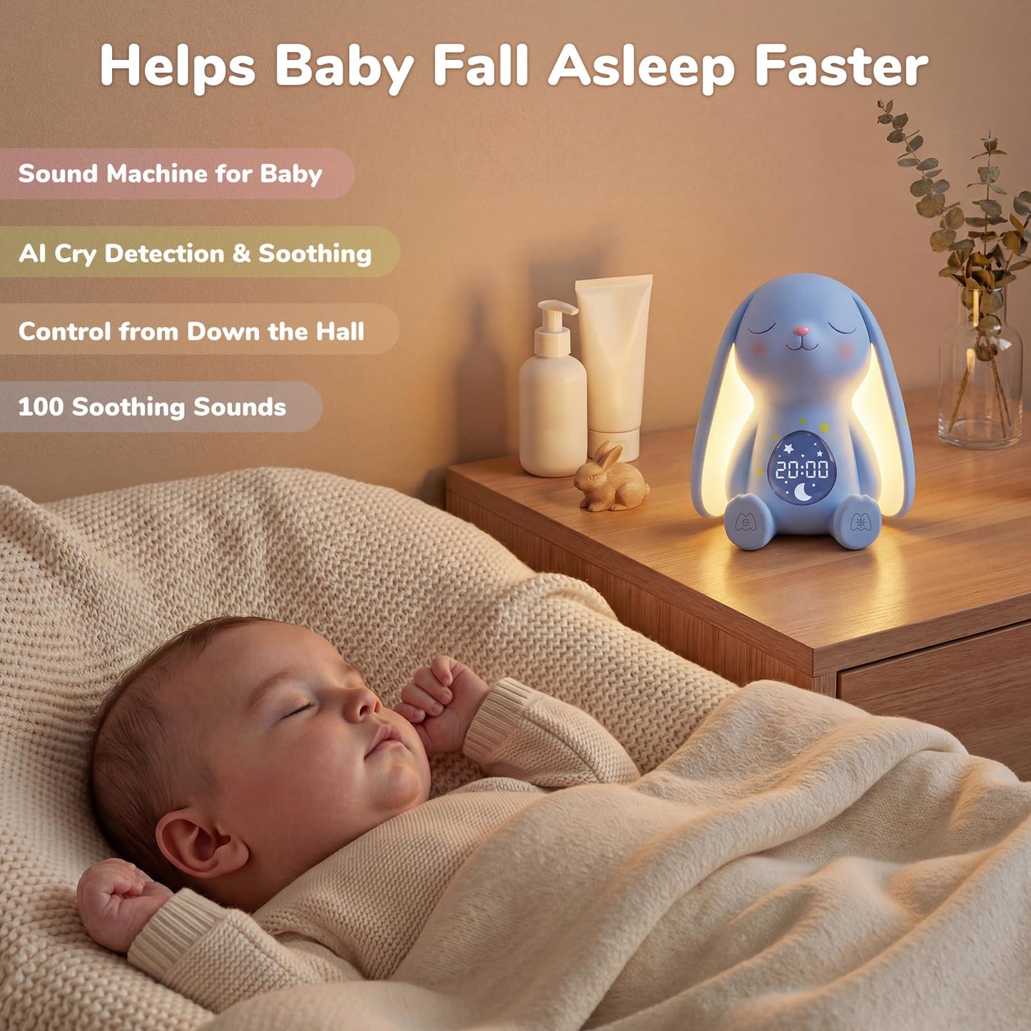 Mom's Choice Awards丨Bunny White Noise Sound Machine Baby for Sleep- AI Cry Detection, 100 Soothing Sounds, Full APP Access Included, Newborn Baby Boy Gifts, Night Light & Sleep Trainer, New Mom Gift